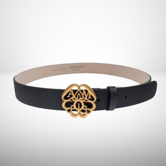Alexander McQueen Accessories - Alexander McQueen Black Pebbled Leather Belt w/ Gold “AM” Monogram Buckle — Size